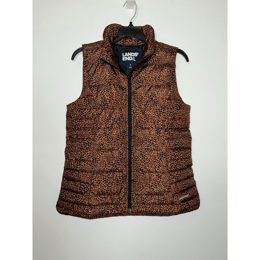 Lands’ End Women’s Burnt Orange Leopard Print Down Puffer Vest Jacket Size S